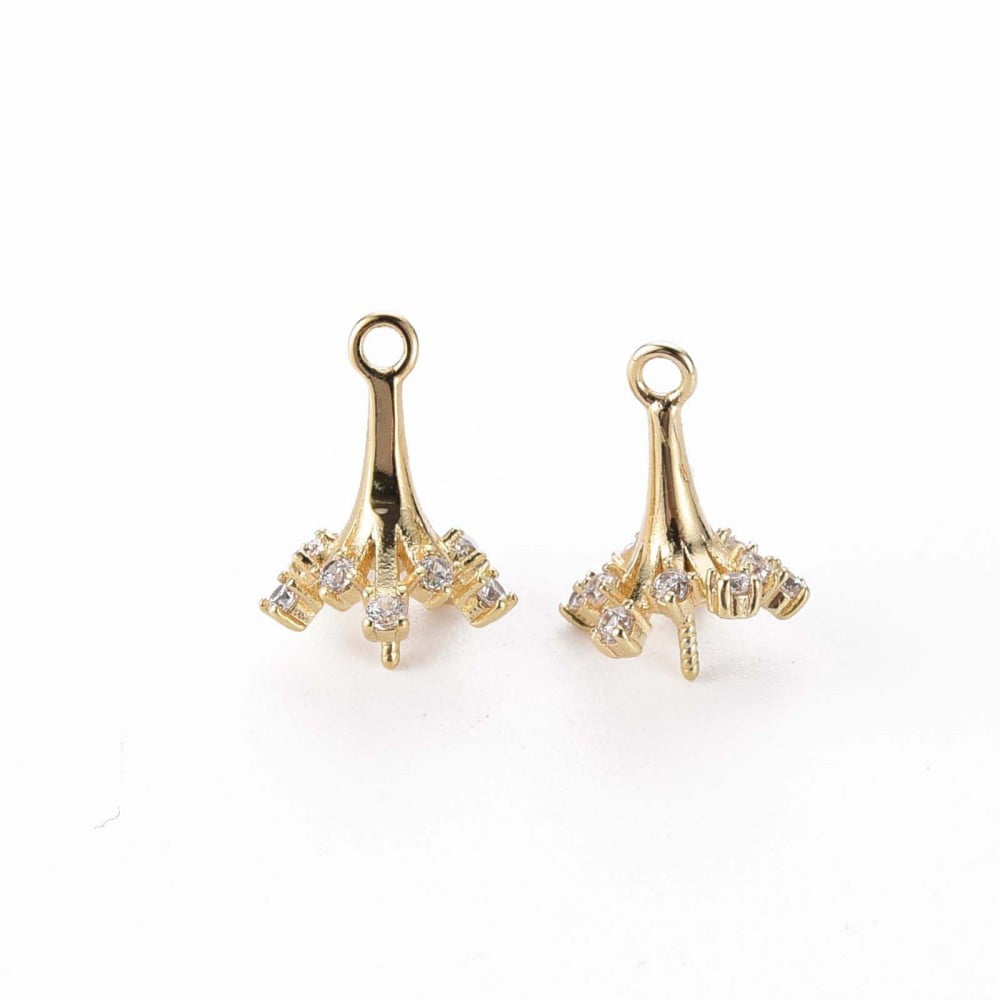 30pcs Brass Micro Pave Clear Cubic Zirconia Peg Bails for Half Drilled Beads Flower Nickel Free golden 13.5x9.5mm Hole: 1.4mm Pin: 0.7mm