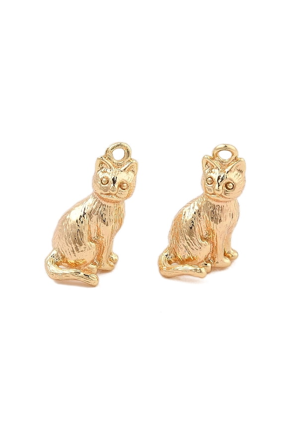 30pcs Brass Pendants Cadmium Free & Nickel Free & Lead Free Cat Shape Charms Real 18K golden Plated 15x7x8mm Hole: 1.2mm