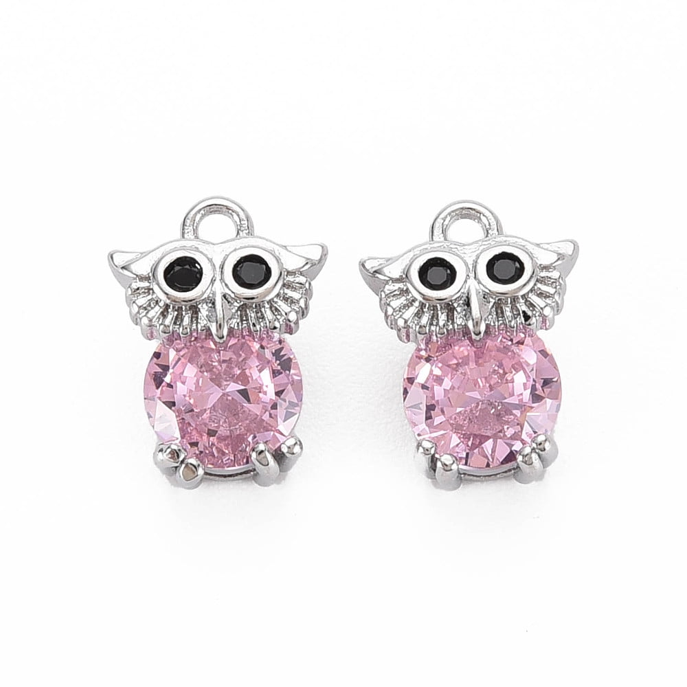 30pcs Brass Rhinestone Charms with Cubic Zirconia Nickel Free Owl Real Platinum Plated 11x8x6mm Hole: 1.2mm for DIY