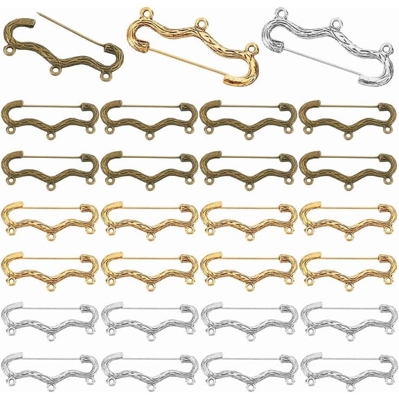 30pcs Brooch Pins with 3 Loops 3 Colors Heavy Duty Brooch Tibetan Style Safety Pins for DIY handcrafting