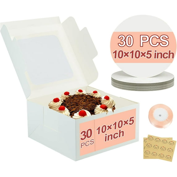 30pcs Cake Boxes and 30 Pack 10 Inch Round Cake Boards,10x10x5 Inches White Square Bakery Boxes with Window Cajas Pasteles for Cookies Pies Cupcakes Pastry
