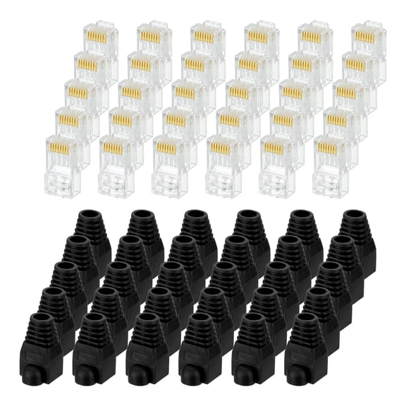 30pcs Cat6 RJ45 Pass Through Connectors, RJ45 Connector 8P8C Gold Plated Plugs with 30pcs Black Strain Relief Boots