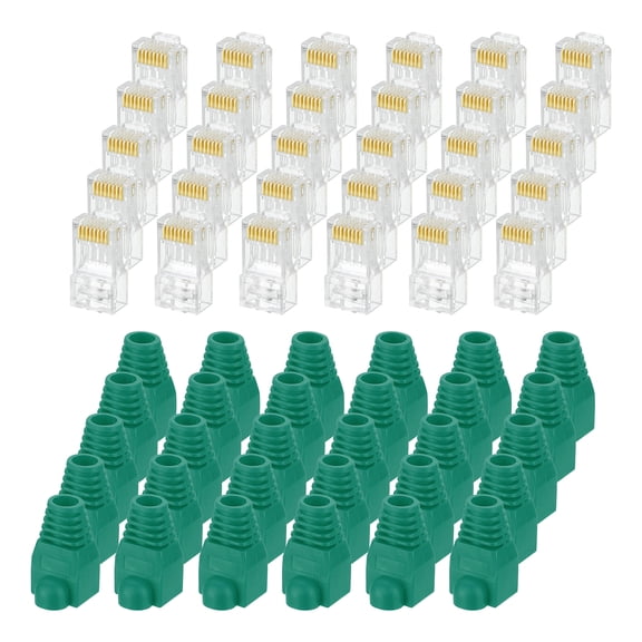 30pcs Cat6 RJ45 Pass Through Connectors, RJ45 Connector 8P8C Gold Plated Plugs with 30pcs Green Strain Relief Boots
