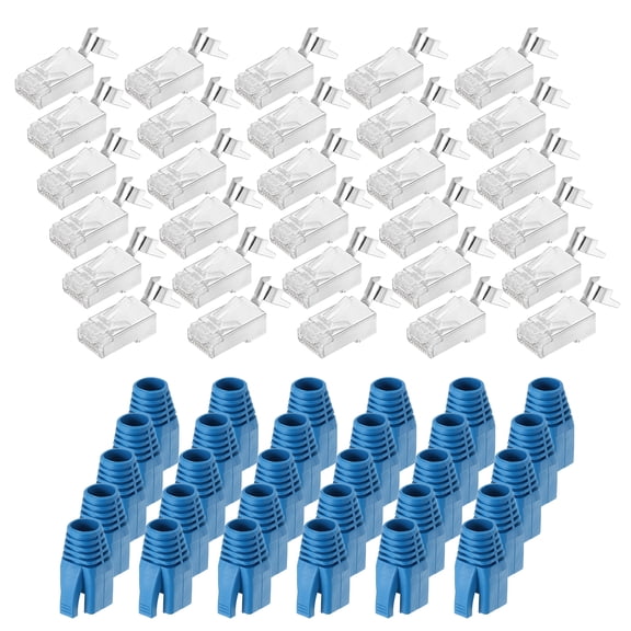 Uxcell 30Pcs CAT7 RJ45 Connectors with 30Pcs Blue Boots Cable Traverse for 23AWG Cable