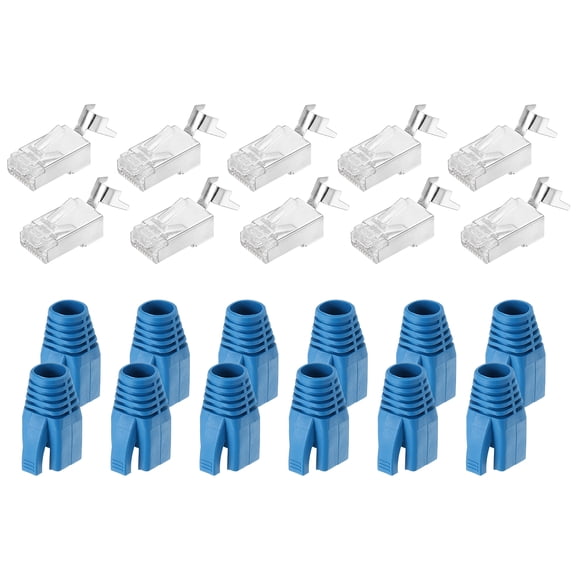 Uxcell 10Pcs CAT7 RJ45 Connectors with 10Pcs Blue Boots Cable Traverse for 23AWG Cable