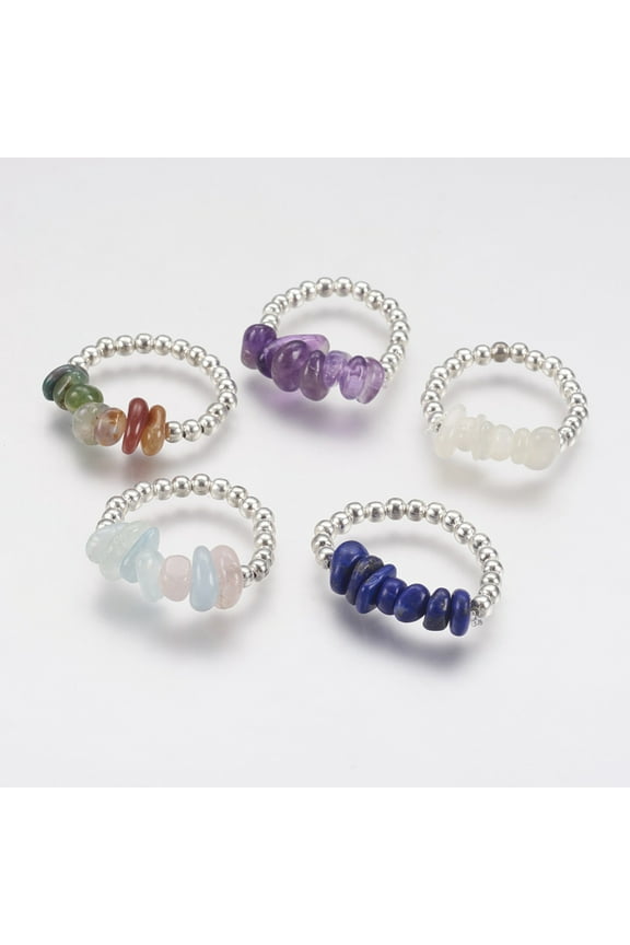 30pcs Chip Stretch Rings with Brass Beads Silver color 18mm