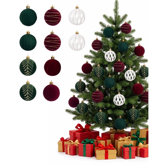30pcs Christmas Ball Ornaments, Flocked Ornaments Velvet Christmas Balls, Green/Red/White Velvet Ornaments for Christmas Tree Decorations, for Holiday Party Home Decor