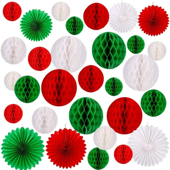 30PCS Christmas Decorations Hanging Paper Honeycomb Balls Paper Fans for Xmas Party Decor Supplies New Year Home Decorations Indoor, Red White Green