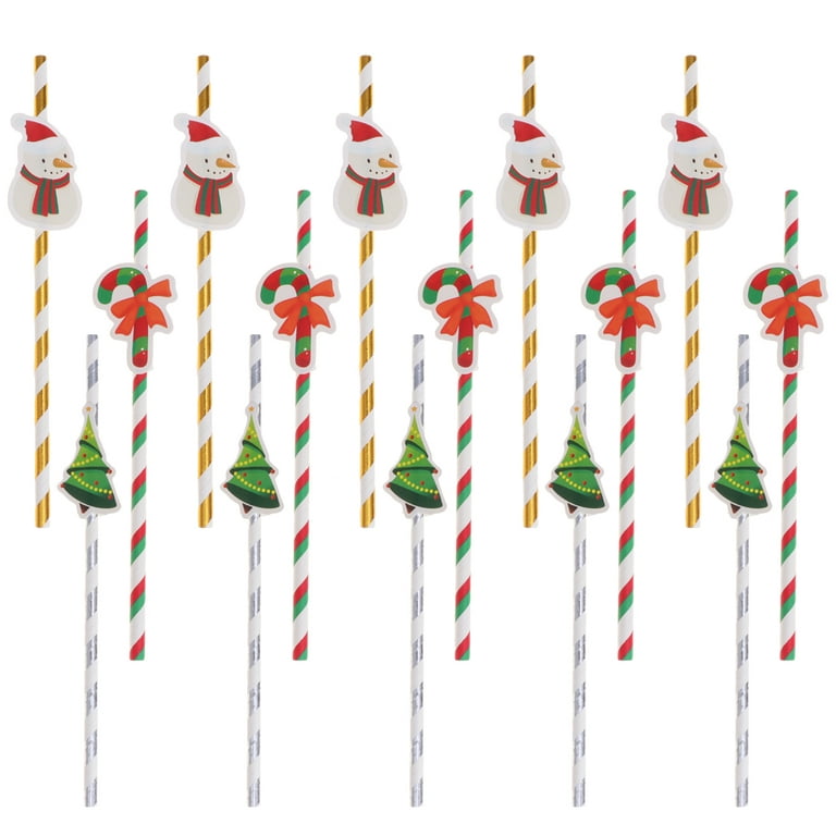 30pcs Christmas Straws Decor Christmas Party Straws Cartoon Paper Straws Drinking Straws (Christmas Tree Christmas Crutch Christmas Snowman), Size