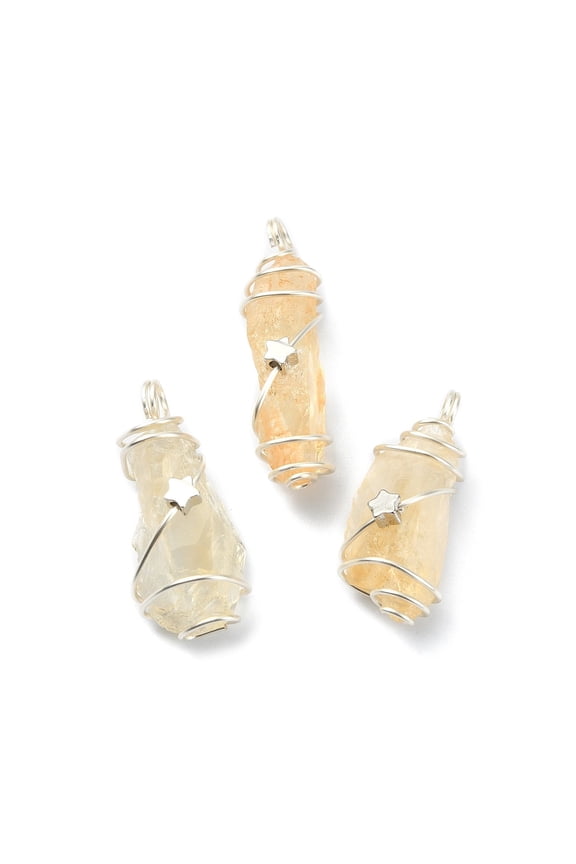 30pcs Citrine Pendants Silver color Copper Wire Wrapped Nuggets with Star Silver color 23~46x10~17x8~13mm Hole: 4mm