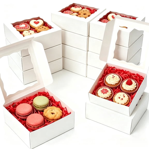 30-Pack 4x4x2 Inch Cookie Boxes with Window  Kraft Paper Bakery Treat Boxes for Desserts, Chocolate Covered Strawberries, Party Favors, Weddings, Birthdays