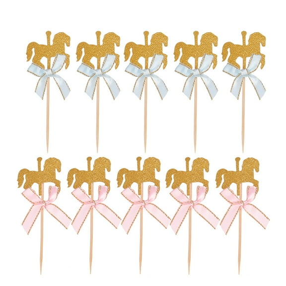 30pcs Creative Carousel Cake Picks Fashion Cupcake Topper Dessert Picks Birthday Cake Picks (30pcs/Pack, 15pcs Blue Bowknot, 15pcs Pink Bowknot)