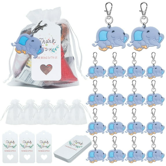 30pcs Cute Elephant Key Ring Set With Paper Tags Thank You Gifts For Baby Shower Birthday Party Decoration