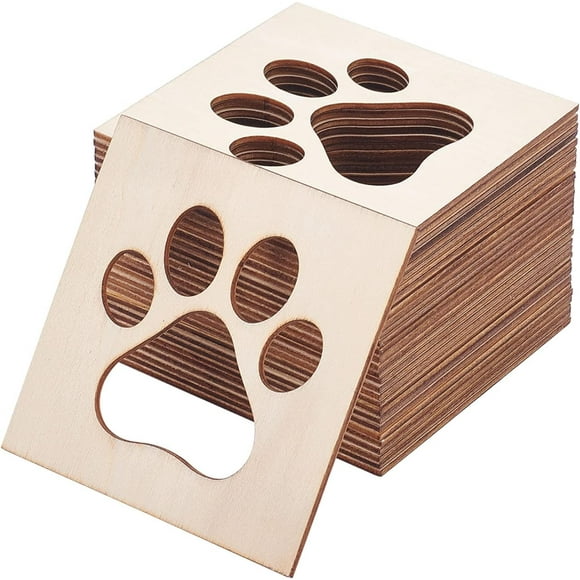 30pcs Dog Paw Print Wood Cutouts Unfinished Wood Ornament Pet Paw Wood DIY Craft Art Projects 10x10cm Wooden Cutouts for Crafts Home Decor Embellishments