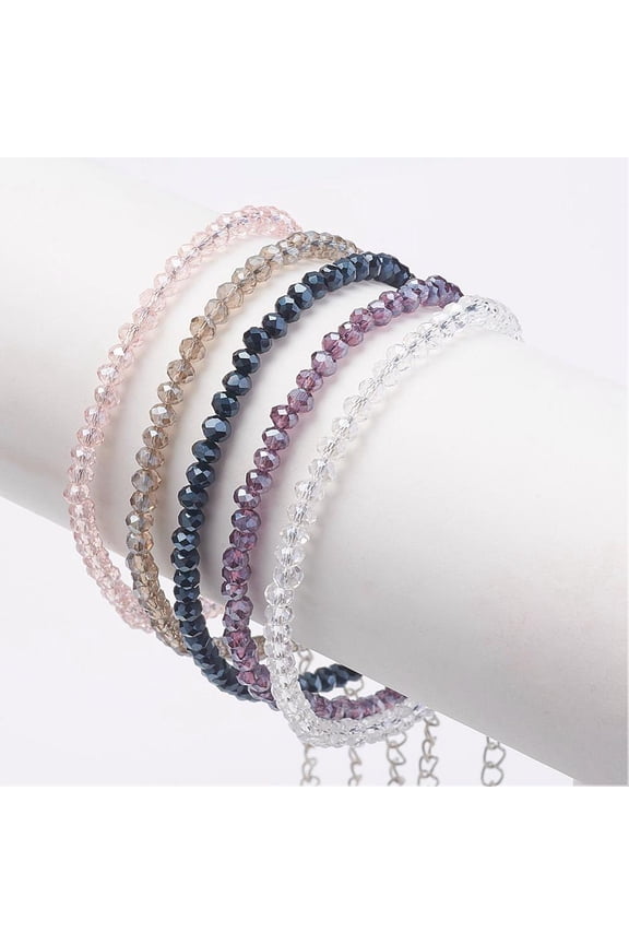 30pcs Faceted Glass Bead Anklets with Brass Clasps Alloy Pendants and Iron Extend Chain Platinum Mixed color 230x4mm