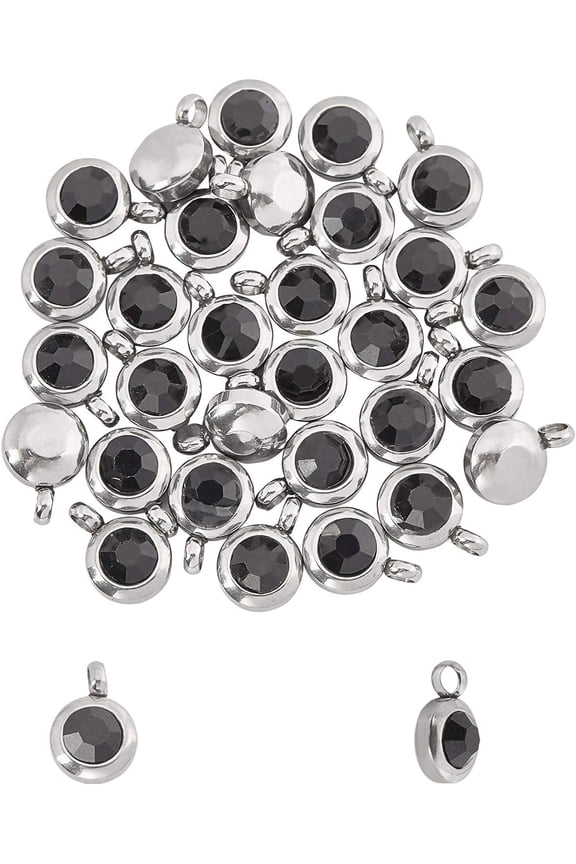 about 30pcs Faceted Rhinestone Flat Round Charm Stainless Steel Charms Smooth Metal Charm Hypoallergenic Pendants for DIY Jewelry Making Stainless Steel Color Moccasin