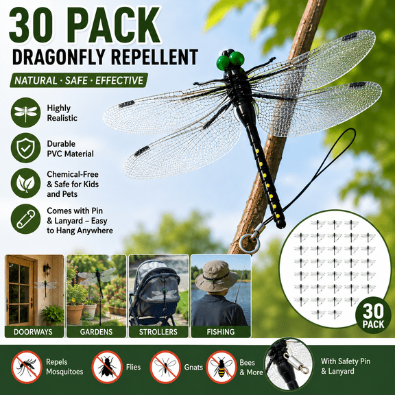 30pcs Fake Dragonfly Bug Repellent, 5.5" Large Realistic Dragonfly Model with Safety Pin & Lanyard, Chemical-Free Insect Deterrent for Camping, Strollers & Gardens