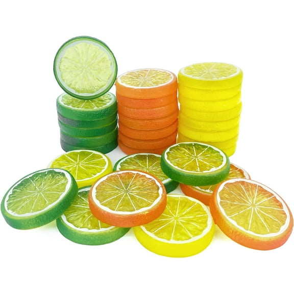 30pcs Fake Lemon Slice Garnish Artificial Fruit Faux Food House Bar Decoration Cocktail Party Arrangement(Red Green Yellow,Each Color 10Pcs)