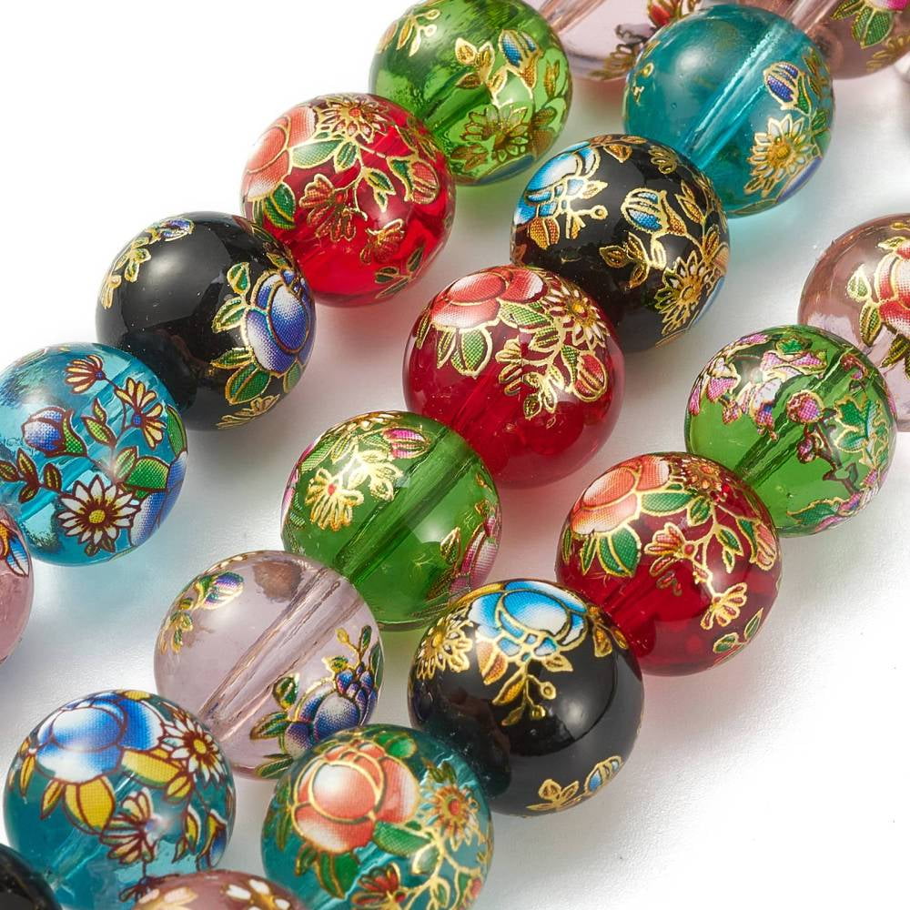 30pcs Flower Painted Handmade Lampwork Round Beads Colorful 14x13mm Hole: 1mm