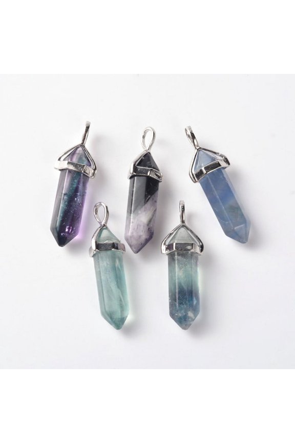 30pcs Fluorite Double Terminated Pointed Pendants with Random Alloy Hexagon Bead Cap Bails Bullet 36~45x12mm Hole: 3x5mm : 10mm in diameter