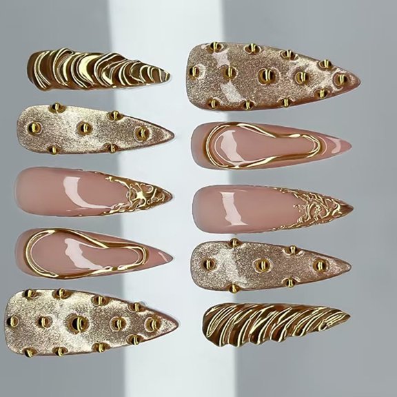 30pcs French Tip Artifical Nails Elegant 3D Molten Gold Press Nails Safe for Natural and Health