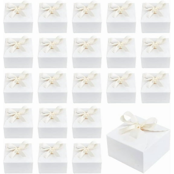 30pcs Gift Boxes White Paper Box Foldable Candy Box Small Party Favor Gift Packaging Boxes with Ribbon for Candy Cookie Cupcake Proposal Wedding Gifts 3.5x3.5x2 inch