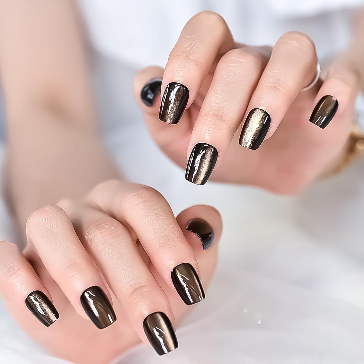 30pcs Glossy Black Press On Nails with Shimmery Golden Coffin Medium