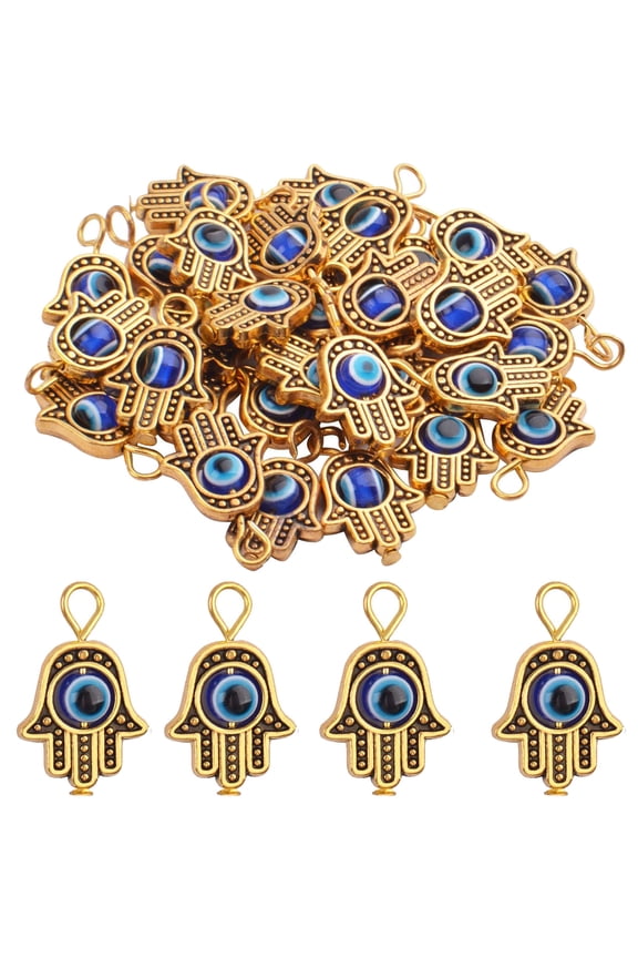 30pcs Gold, Antique Hamsa Hand Evil Eye Charms Hand of Fatima Pendants Jewelry Findings Accessory for DIY Necklace Bracelet Crafting Supplies