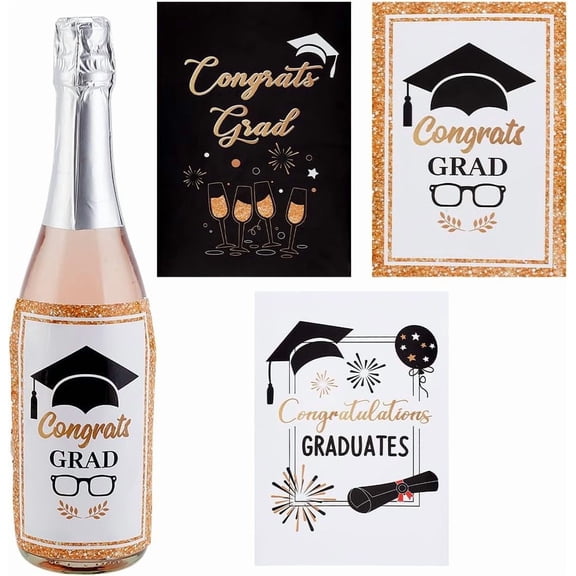 30pcs Graduation Wine Bottle Labels 3 Styles Congrats Grad Bottle Stickers Adhesive Waterproof Wine Bottle Labels Decorative Bottle Wrap for College High School Party Black Gold 6x4inch