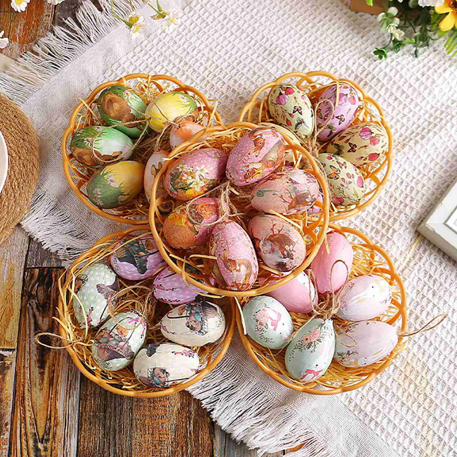 30pcs Hanging Plastic Easter Eggs with Basket Easter Tree Decorations Ornaments Hanging Easter Eggs, Hand Painted Eggs Easter Ornaments for Tree Basket DIY Crafts Easter Party Favors
