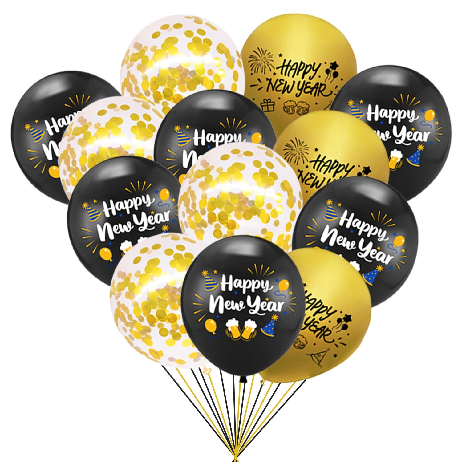 30pcs Happy New Year Latex Balloons, Black Gold Happy New Year Beer Latex Balloon Decoration, 2024 New Year's Eve Party Supplies, 2024 New Year Decoration