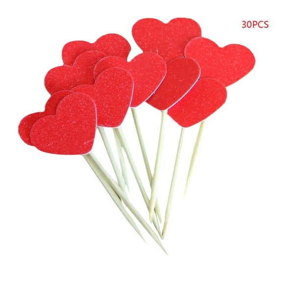 30pcs Heart Shape Cake Toppers Insert Cards with Toothpick Cupcake Decorations \- Frosted Red