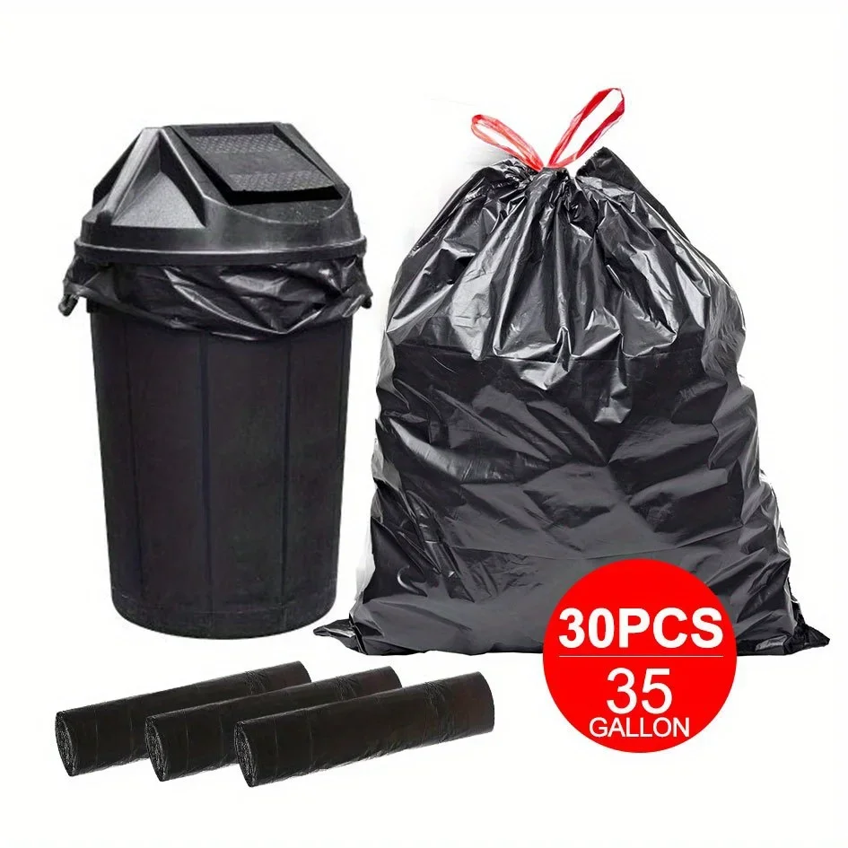30pcs Heavy Duty Black Trash Bags,35 Gal Large Garbage Bags with