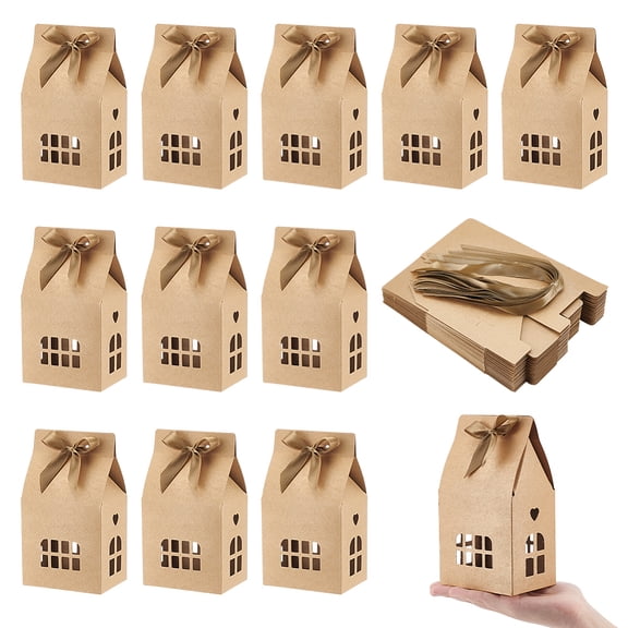 30pcs House Shaped Paper Gift Boxes Gift Storage Case with Visible Window and Polyester Ribbon Tan Finished Product: 10x7x10cm