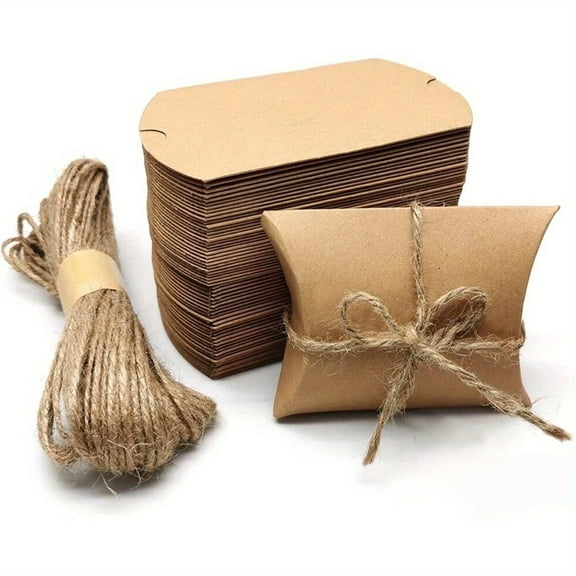 30pcs Kraft Paper Pillow Candy Box, Foldable Gift Box with Jute Rope for Weddings, Parties, Birthdays, Holidays