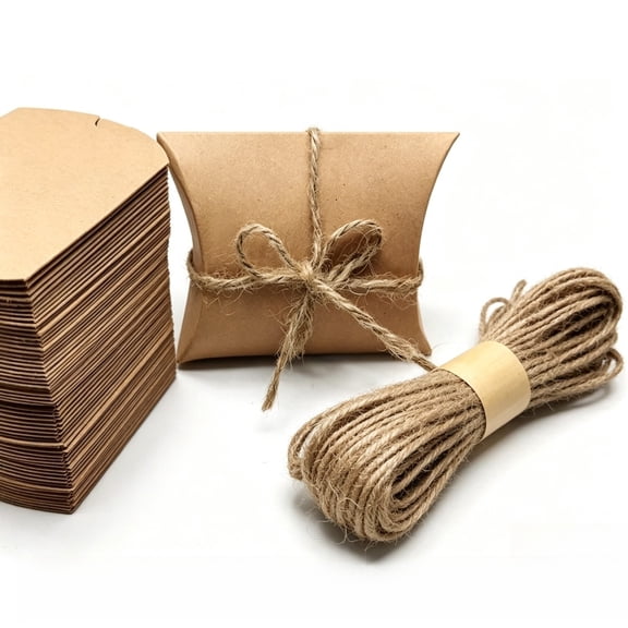 30pcs Kraft Paper Pillow Candy Box, Foldable Gift Box with Jute Rope for Weddings, Parties, Birthdays, Holidays