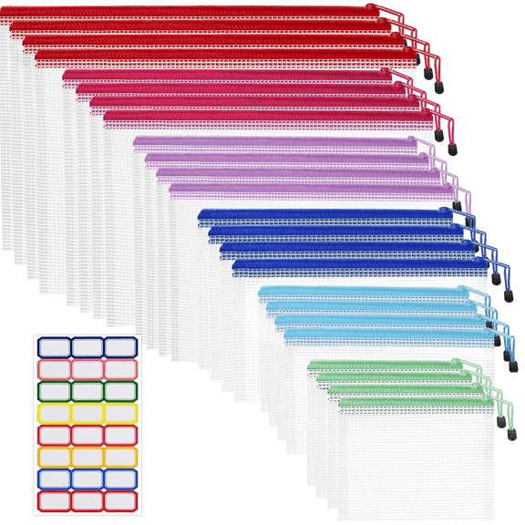 Xueyu 24pcs Mesh Zipper Pouch 6 Colors, 6 Sizes Waterproof Zipper Bags for Board Games Storage, Organization Pouches for School Supplies, Office Appliances, Cosmetics, and Travel Accessories