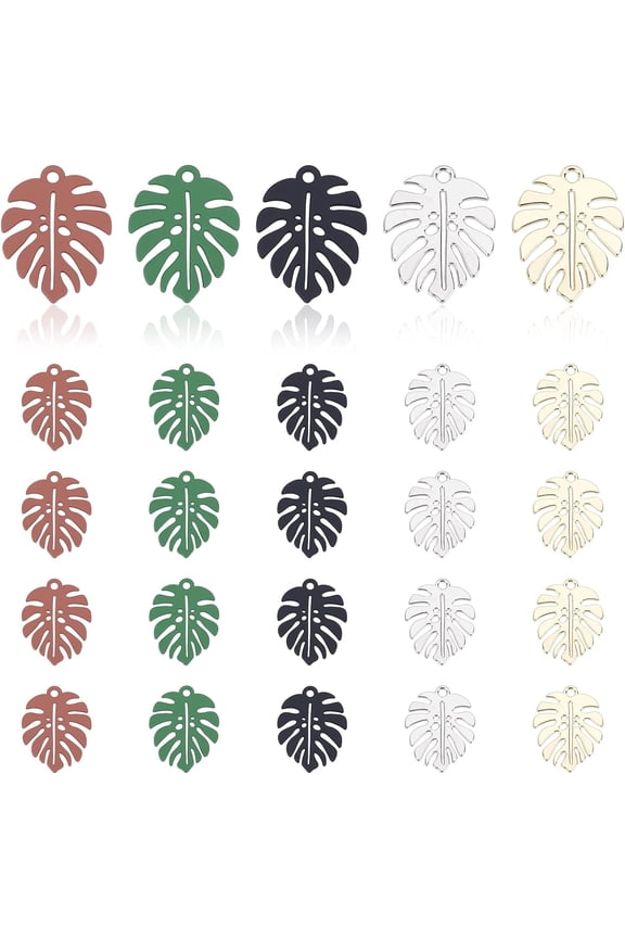 30pcs Monster Leaf Pendants Metal Baking Painted Tropical Leaf Charms 5 Styles Enamel Tree Leaves DIY