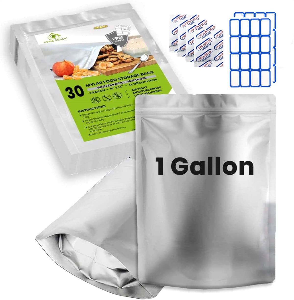 65pcs Mylar Bags for Food Storage With Oxygen Absorbers 10 Mil 5