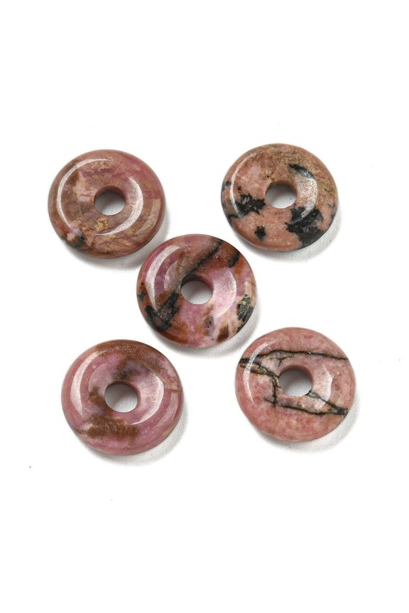 30pcs Natural Rhodonite Donut/Pi Disc Charms 12~13x3~4mm Hole: 3mm