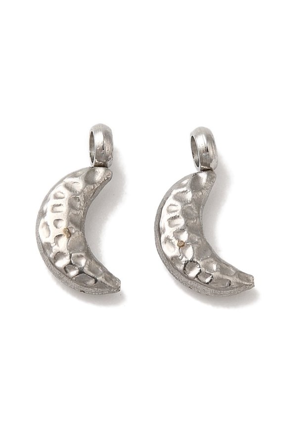 30pcs Non-304 Stainless Steel Textured Moon Charm Stainless Steel color 11x5x3mm Hole: 1.6mm