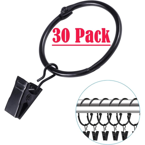 30pcs Openable Curtain Ring Stainless Steel Drapery Rings with Clips, Black