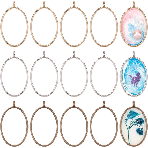 30pcs Oval Open Bezel Charms 3-Color Alloy Frame Pendants Color-Lasting Hollow Resin Frames with Loop