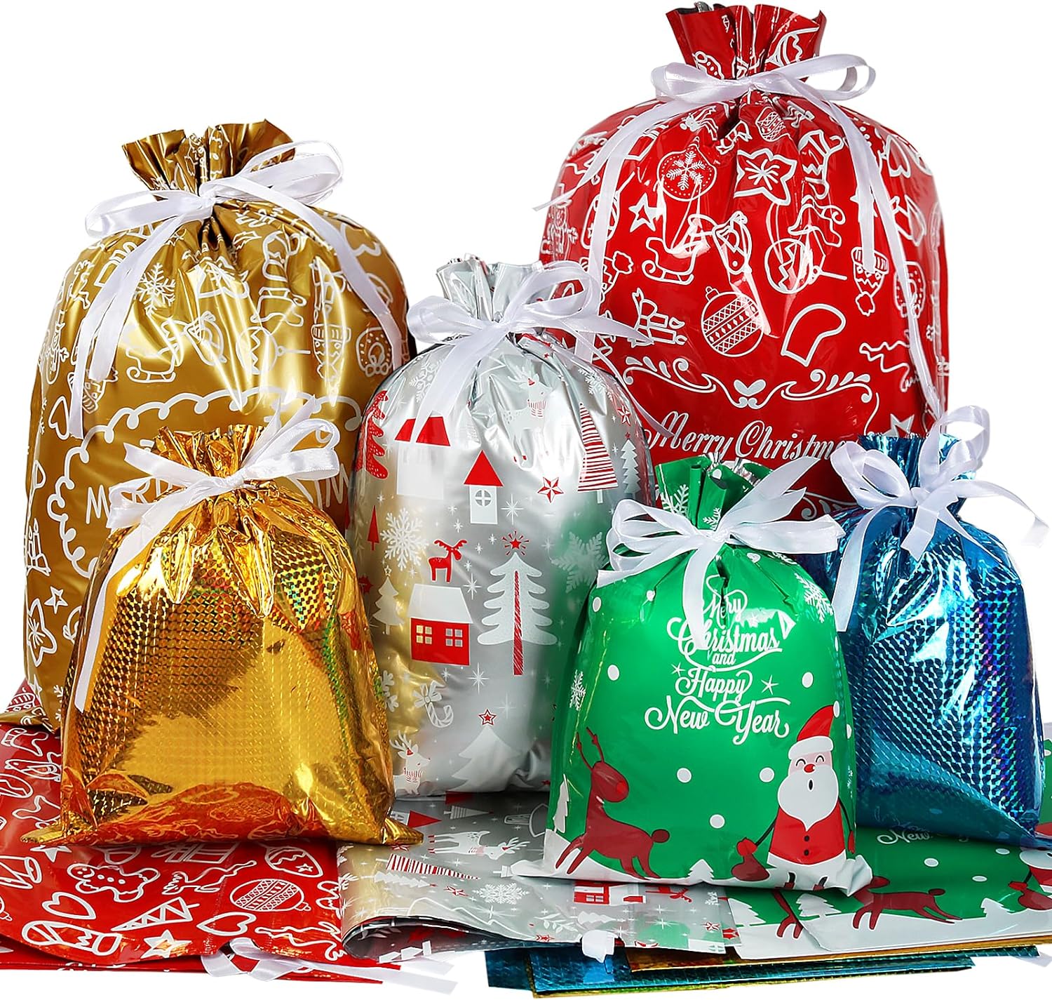 ( 30pcs)Package Holiday Drawstring Gift Bags,Christmas Foil Gift