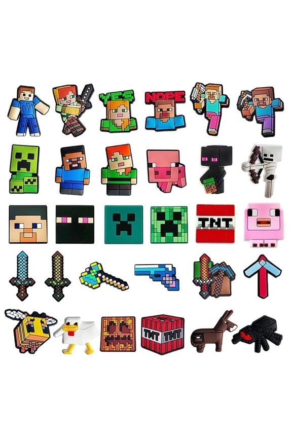 30pcs Pixel Block Shoe Charms Set for Clogs - Survival Gamer PVC Decorations - Fun Character Charms - Cool Gift for Gamers & Trendsetters