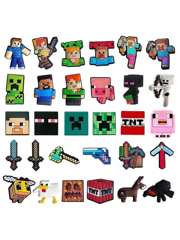 30pcs Pixel Block Shoe Charms Set for Clogs - Survival Gamer PVC Decorations - Fun Character Charms - Cool Gift for Gamers & Trendsetters