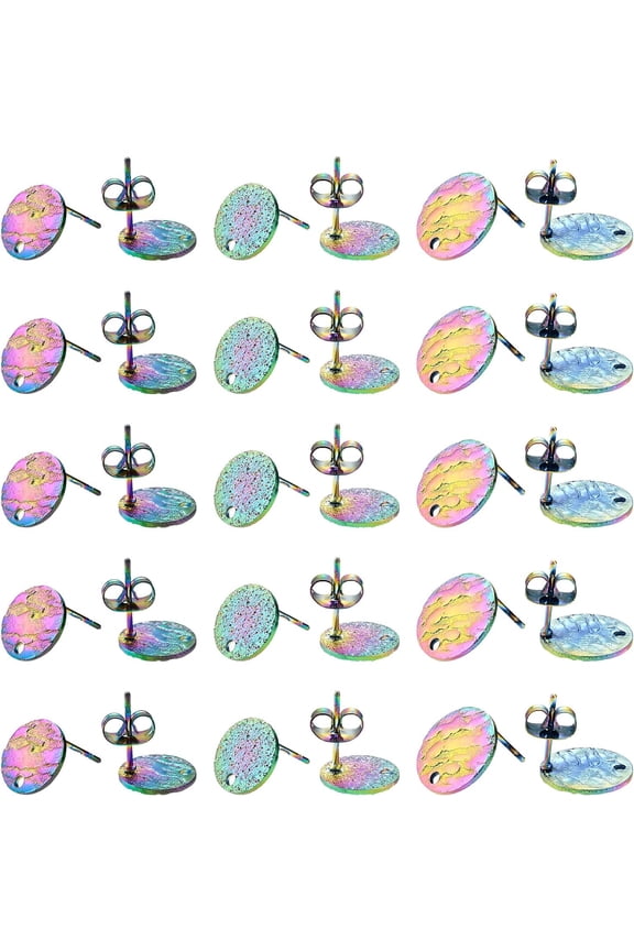 30pcs Rainbow 3 Styles Flat Round Textured Stud Earring Findings Stainless Steel Stud Earrings Post Blank Base with Loop Earrings with Earring Backs for DIY