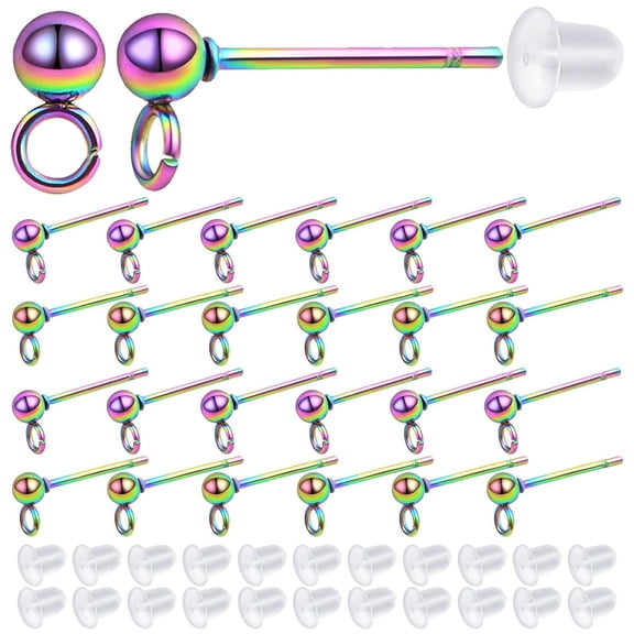 30pcs Rainbow Color3 mm Hypoallergenic Ball Post Earring Studs with Loop Stainless Steel Round Ball Earring Pins and 30pcs Clear Earring Safety Backs for DIY Jewelry Making