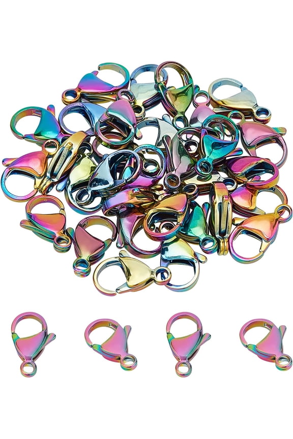 30pcs Rainbow Color Vacuum Plating 304 Stainless Steel Lobster Claw Clasps Fastener Hook End Chain Clasp 15x10mm Lobster Claw Clasps Connectors Beads for Necklaces Making for DIY