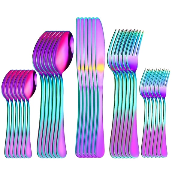 30pcs Rainbow Stainless Steel Flatware Set, Iridescent Silverware for 5, Mirror Polished Multicolor Cutlery, Dishwasher Safe, Ideal for Home Party Restaurant Use